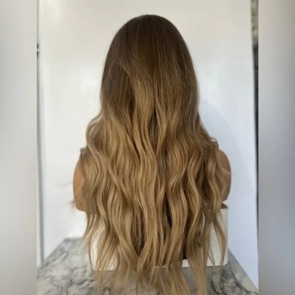 Blonde Balayage Wavy Light Ash Blonde w/ Brown Roots Wig 28" - Picture 3 of 7